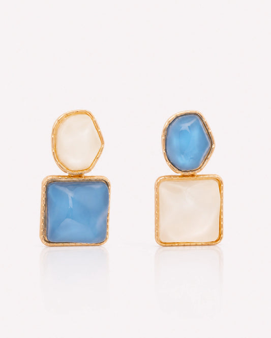 Blue Geometric Drop Earrings – 14K Gold-Plated Statement Earrings
