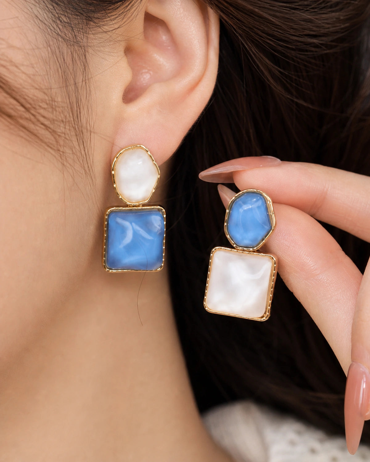 Blue Geometric Drop Earrings – 14K Gold-Plated Statement Earrings