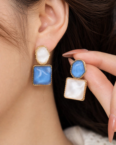 Blue Geometric Drop Earrings – 14K Gold-Plated Statement Earrings