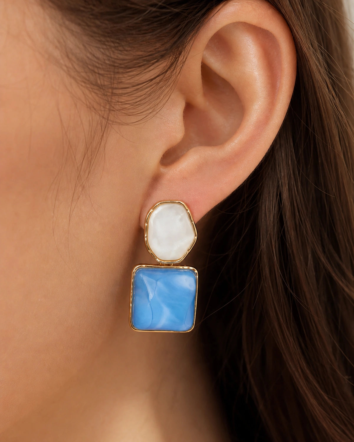 Blue Geometric Drop Earrings – 14K Gold-Plated Statement Earrings