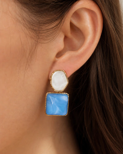 Blue Geometric Drop Earrings – 14K Gold-Plated Statement Earrings