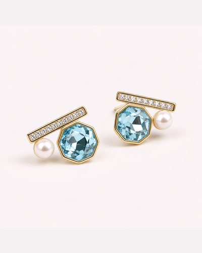 Blue Crystal & Pearl Stud Earrings – 14K Gold-Plated