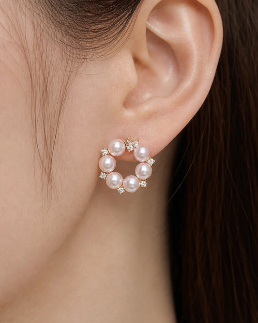 Pink Pearl Wreath Stud Earrings – 14K Gold-Plated