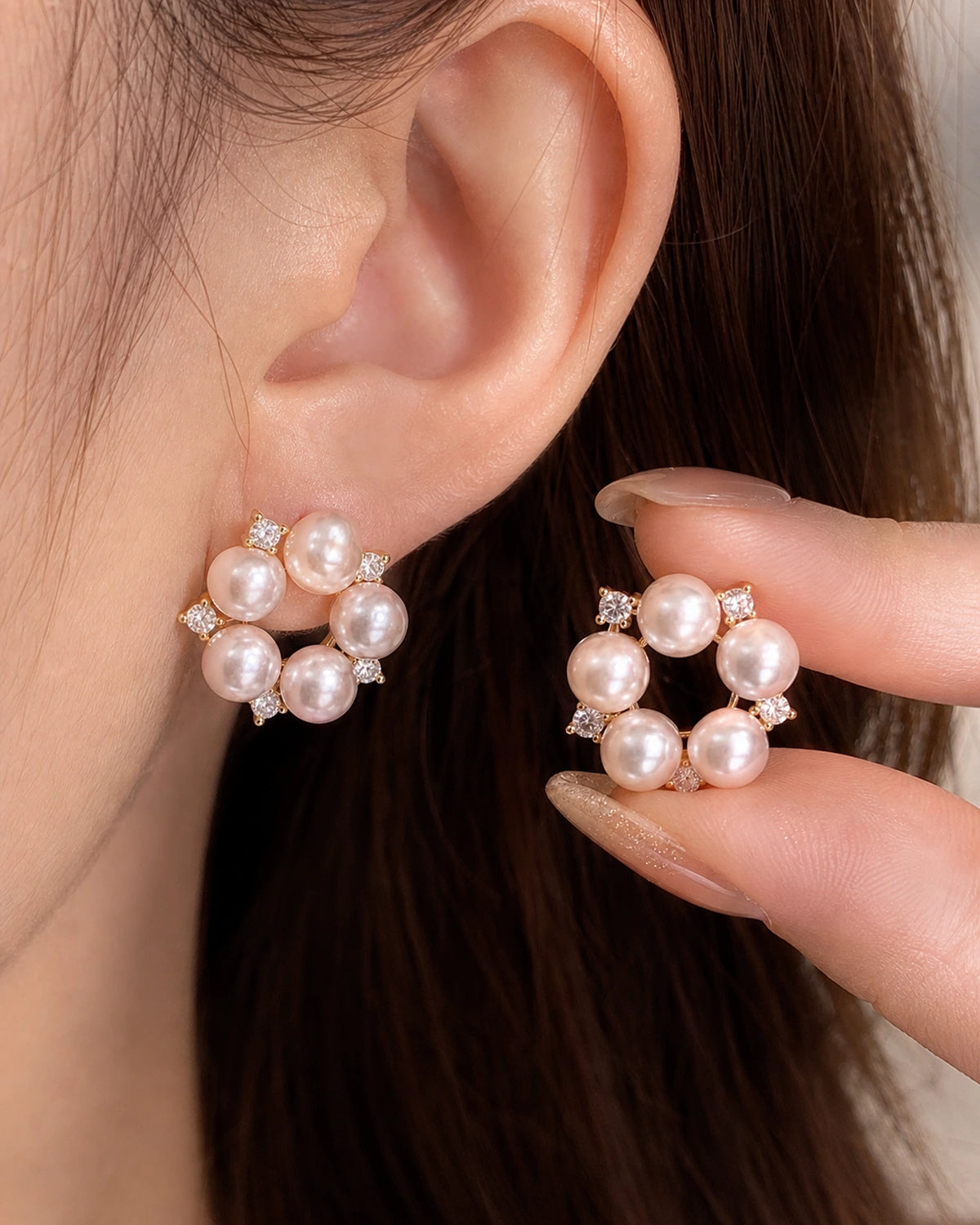 Pink Pearl Wreath Stud Earrings – 14K Gold-Plated