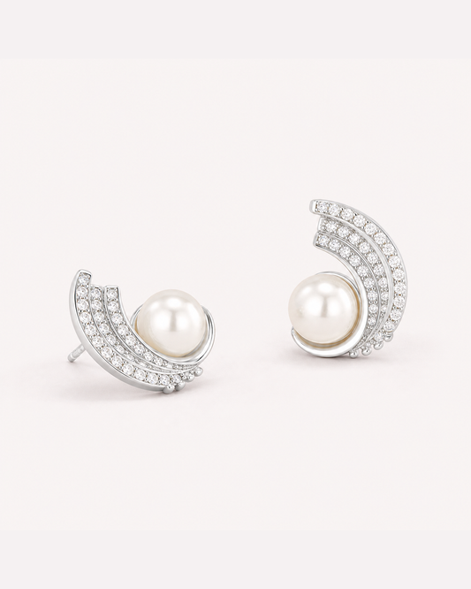 Pearl Half Hoop Stud Earrings – 14K Gold-Plated