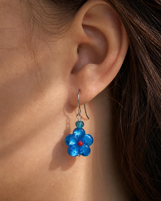 Blue Flower Drop Earrings – Handmade Glass Bead Dangle Earrings