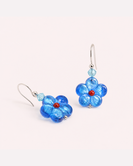 Blue Flower Drop Earrings – Handmade Glass Bead Dangle Earrings